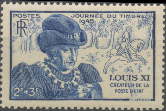 Journée du Timbre. Effigie de Louis XI. Au profit de l'Entraide française. Louis XI 2f.+3f. Bleu Neuf luxe ** Y743