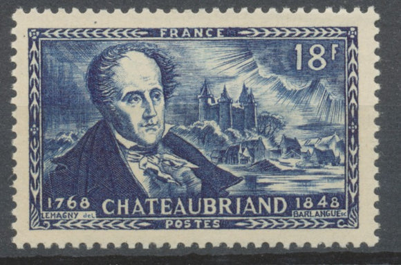 Centenaire de la mort de François-René, Vicomte de Chateaubriand. Château de Combourg.  18f. Bleu Neuf luxe ** Y816