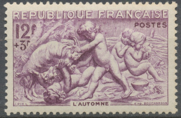 Série des saisons. Bas-reliefs Fontaine de Bouchardon, Grenelle, à Paris. Automne  12f. + 3f. Violet Neuf luxe ** Y861