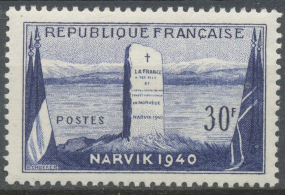 12e anniversaire de la bataille de Narvik Le Monument  soldats et marins français. 30f. Bleu-violet. Neuf luxe ** Y922