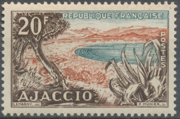 Série touristique. Baie d'Ajaccio (Corse) 20f. Brun foncé, brun-rouge et bleu-vert. Neuf luxe ** Y981