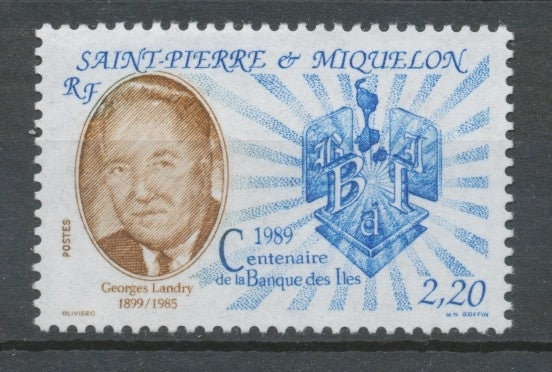SPM  N°511 Centenaire de la banque des îles Emblème de la banque, portrait de G Landry 2f20 ZC511