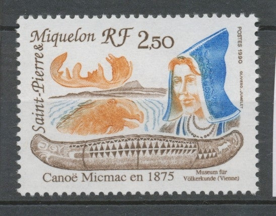 SPM  N°527 Canoë Micmac 1875 Canoë, tête de femme, tête d'élan 2f50 brun, bleu, brun-orange ZC527