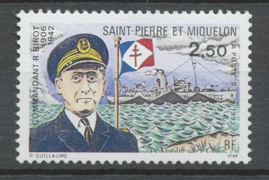 SPM  N°573 Hommage au Commandant R Birot (1906-1942) 2f50 portrait, bâtiment, drapeau ZC573