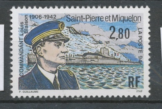 SPM  N°592 Hommage au Commandant Louis Blaison (1906-1942) 2f80 portrait, submersible, vue de la côte ZC592