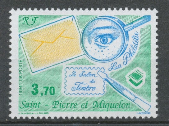 SPM  N°606 Le Salon du Timbre, à Paris Enveloppe, pinces, loupe 3f70 bleu, vert, jaune ZC606
