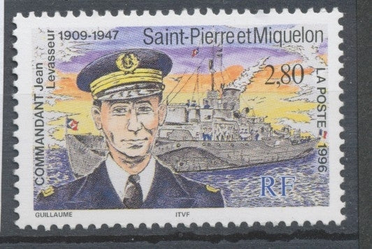 SPM  N°624 Hommage au Commandant Jean Levasseur (1909-1947) 2f80 portrait, navire en fond ZC624
